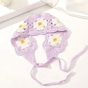 Handcrafted - crochet floral headband - NWOT - 17.8 x 2.5 inches purple w/ daisy